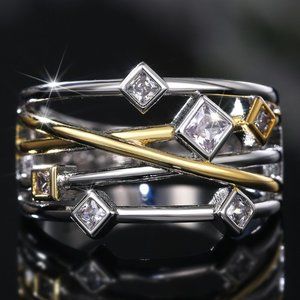 🎀 Multi Layer Glitter Square Shape Zircon Gold  Stackable Fashion Ring,UNVN2118